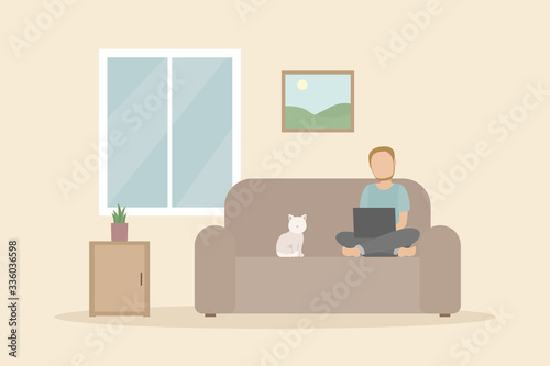 Man working on laptop at home. Vector illustration.