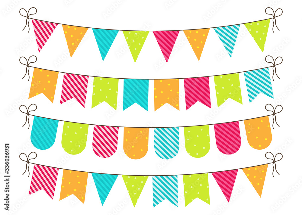 Bunting for party, birthday, carnival and event. Bright banners and flags of decoration. Hanging string, triangles, garland for fun. Blue, green, pink, orange colors. Celebration anniversary. Vector