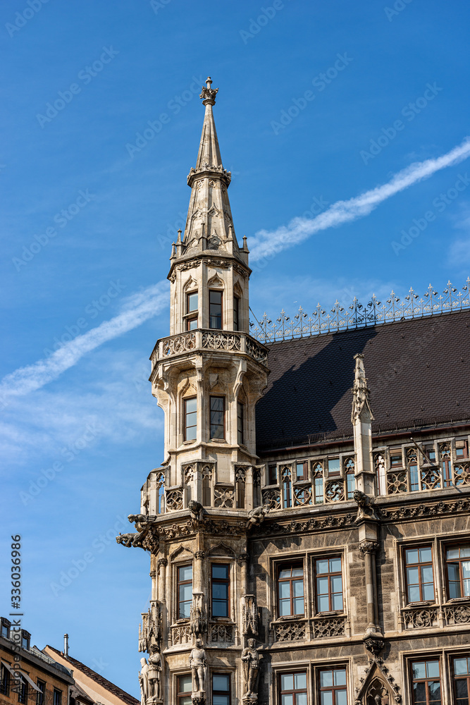 Neue Rathaus, close-up of the new town hall, XIX century in neo-Gothic style in Marienplatz, the main square of Munich. Bavaria, Germany, Europe