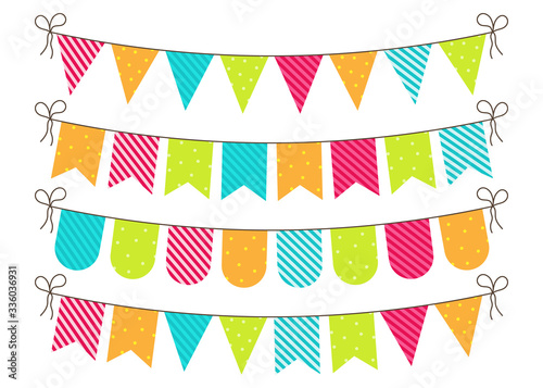 Bunting for party, birthday, carnival and event. Bright banners and flags of decoration. Hanging string, triangles, garland for fun. Blue, green, pink, orange colors. Celebration anniversary. Vector