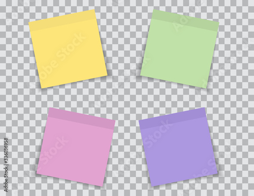Set of color notes isolated on transparent background. Blank paper stickers. Memo sheets with shadows. Reminder notepad. Post board. Notice for office, marketing. Pad memory and information. Vector