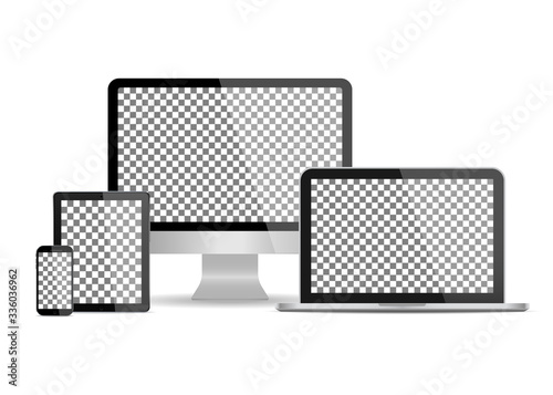Mockup of computer monitor, laptop, tablet, phone isolated on white background. Set of mockup devices with screen. Modern electronic gadgets. PC desktop, notebook, mobile, tablet for web, app. Vector