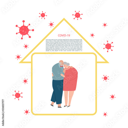 Self-quarantine concept. Senior pare at home during an outbreak of the COVID-19 virus. Prevent infection spreading. Coronavirus quarantine preventive measures. Vector illustration
