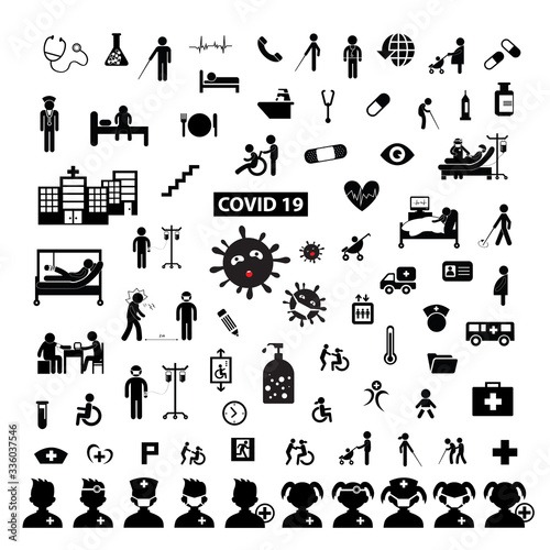 corona virus medical in hospital icon set