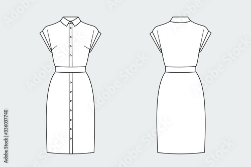 Female dress vector template isolated on a grey background. Front and back view. Outline fashion technical sketch of clothes model.