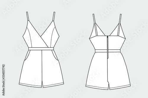 Female jumpsuit shorts vector template isolated on a grey background. Front and back view. Outline fashion technical sketch of clothes model.