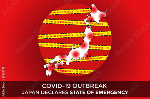 Japanese government announces state of emergency throughout the country to combat with the Covid-19 pandemic outbreak. Map of Japan with state of emergency label across.