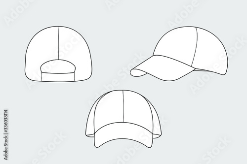 Unisex cap template isolated on a grey background. Front and back view. Outline fashion technical sketch of accessories model.