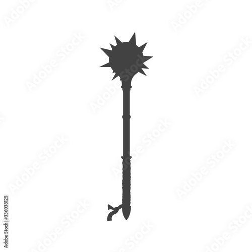 Black silhouette of isolated knight mace. Morning star. Medieval weapon icon. Fantasy club sign