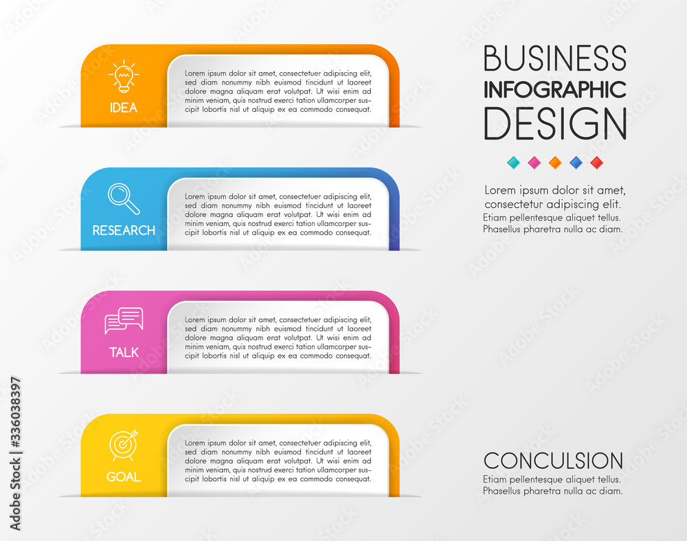 Business infographic with 4 options. Colourful diagram. Vector