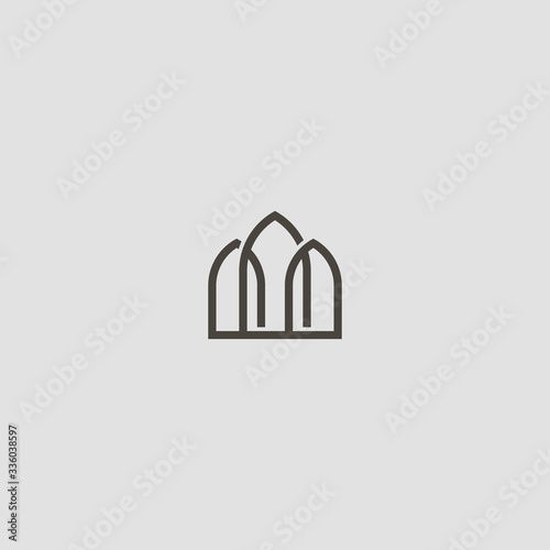 black and white simple vector line art outline iconic sign of three gothic pointed arches or windows