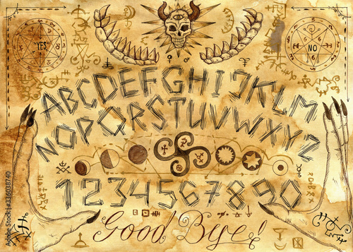 Ouija spiritual board design with alphabet, hands and magic seals on paper background