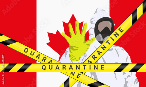 Illustration vector graphic of image man wearing hazmat suits to prevent Coronavirus and diseases on Canada flag background. Vector of yellow quarantine tape. Concept of covid-19 quarantine.