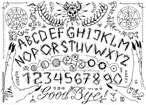 Vector ouija spiritual board design with alphabet, magic seals, hands and alchemy signs. photo