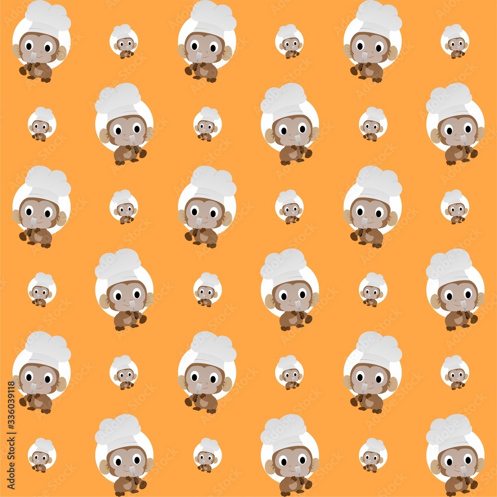Monkey Chef Carry Spatula Cute Illustration, Cartoon Funny Character, Pattern Wallpaper 