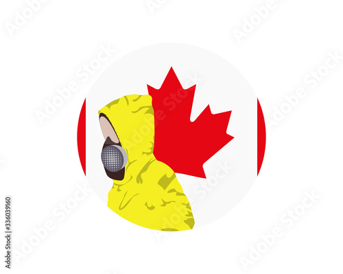 Illustration graphic of image man wearing hazmat suits to prevent Coronavirus and diseases on round Canada flag background. Wuhan virus disease. Vector EPS10. covid-19.