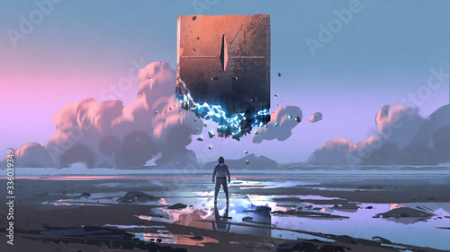 a man looking at the monolith that floating in the sky, digital art style, illustration painting