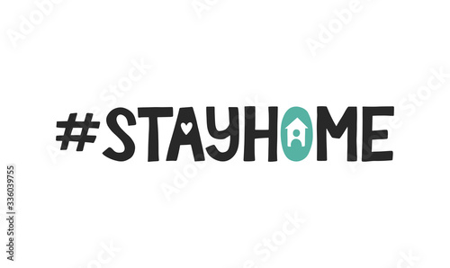 Stay home hashtag decorated by cute house with man icon. Coronavirus quarantine vector concept. Modern typography for posters, social media, sticker.