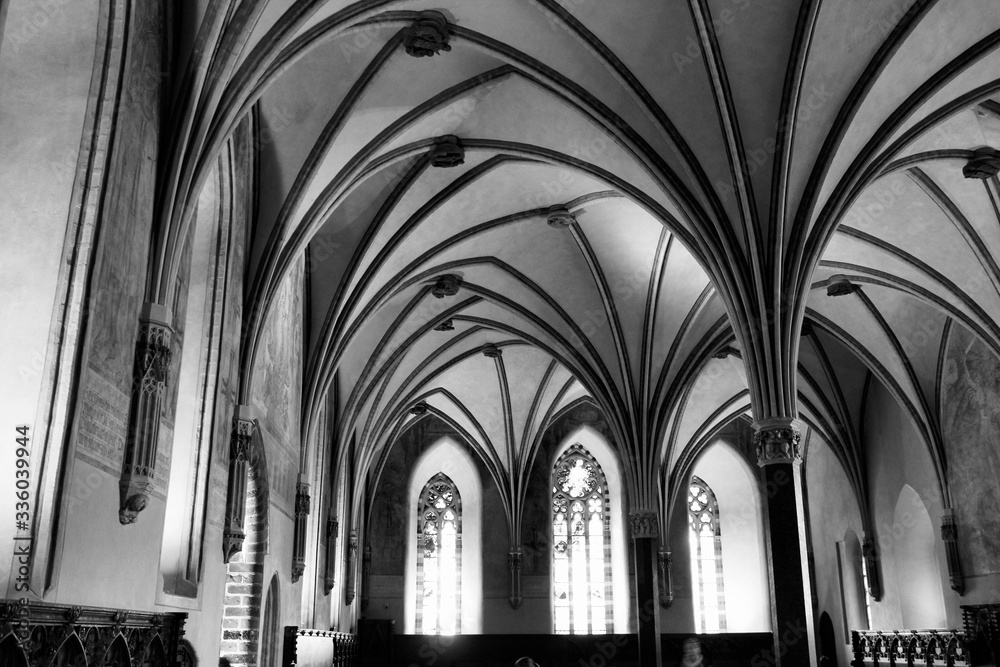 Malbork castle, Poland. Black and white retro style.