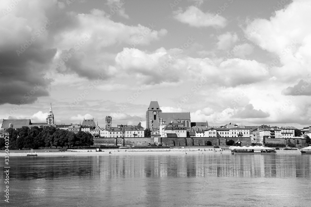 Poland - Torun with Vistula river. Black and white retro style.
