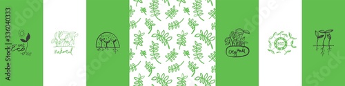 Vector hand-drawn emblem for agricultural logo with  hydroponics concept. Eco emblem with growing leaf for label of baby plants. Growth icon with microgreens and floral ornament.