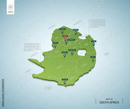 Stylized map of South Africa. Isometric 3D green map with cities, borders, capital Pretoria, regions. Vector illustration. Editable layers clearly labeled. English language.