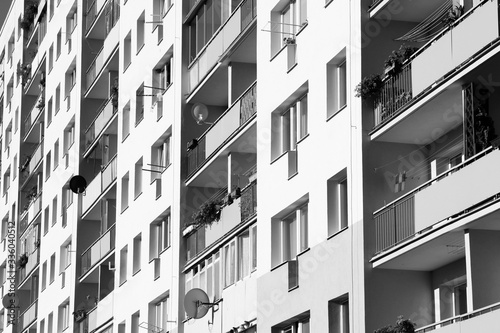 Condominium in Poland. Black and white retro style.