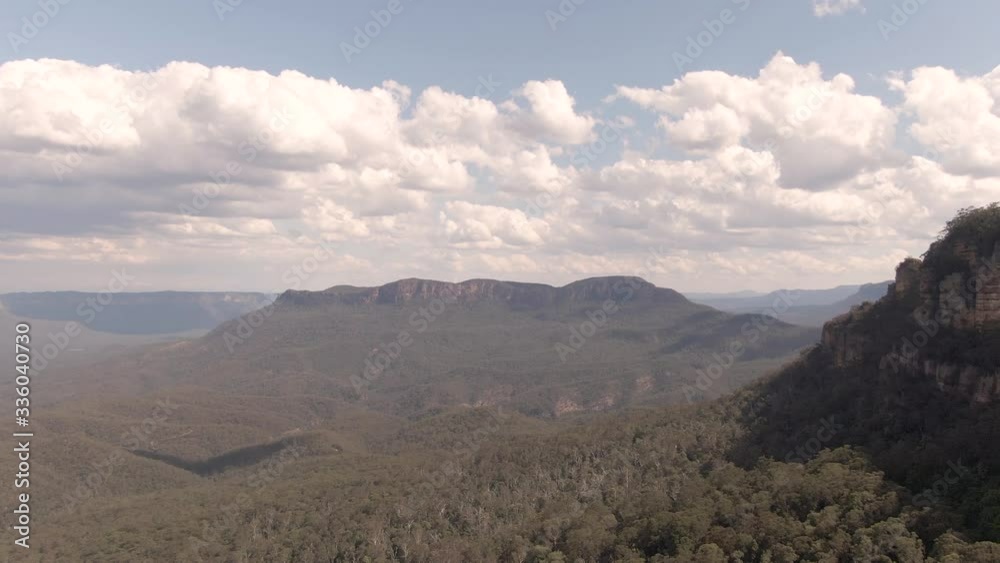 Panoramic Blue Mountains Australia. DRONE. Dramatic views of peaks, rock, valley, landscape, green rainforest jungle. Adventure, freedom, fun concepts. Tourist mountain trek. Shot in Sydney, NSW.