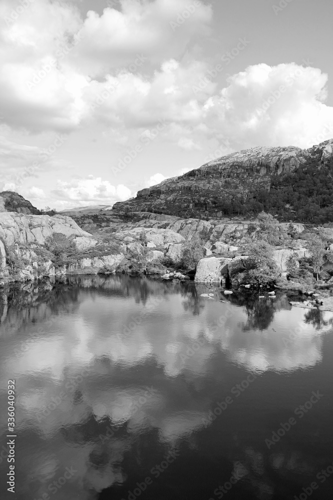 Norway landscape. Black and white retro style.