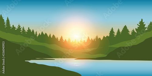 beautiful big river in a forest at sunrise landscape vector illustration EPS10