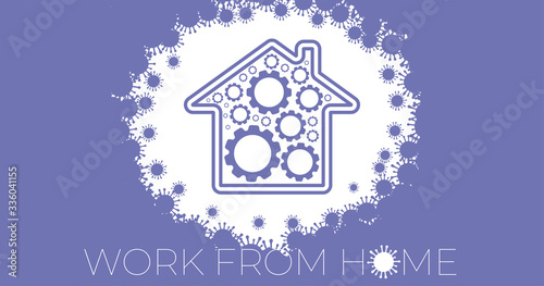 Flat coronavirus work home gear mechanism.  Home office concept.  Health care concept. Quarantine isolation work system. Pandemiaoutside the house buliding