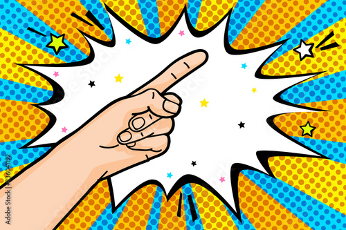 Index finger up in pop art retro style. The gesture of attention in business on color background.