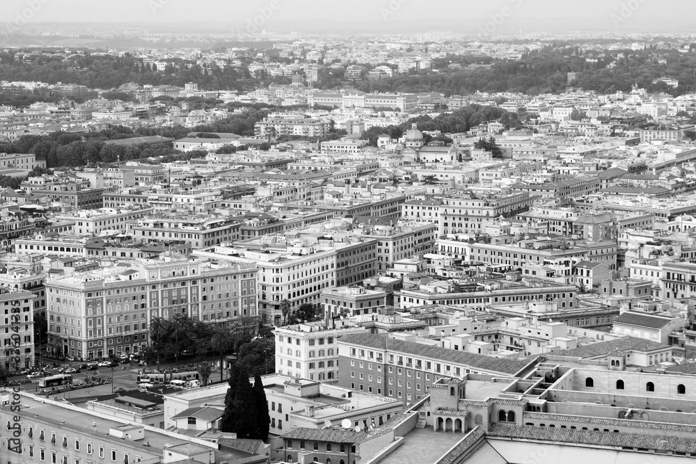 Rome aerial view. Black and white retro style.