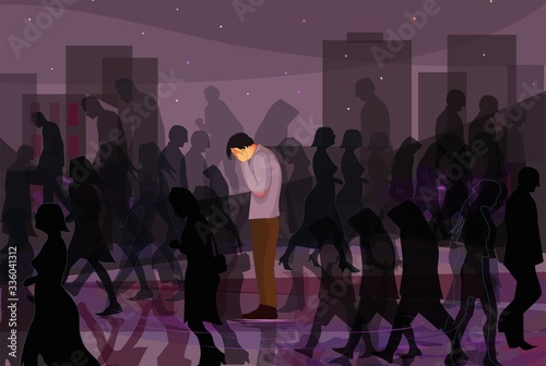 two-faced people. A guy in a crowd of hypocritical people . Vector illustration shows the problem of society . Many people, many masks, many shadows