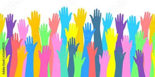 Concept of volunteering. Raised color hands of many people. Flat design,