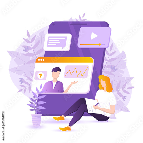 Modern flat illustration of online studying concept. Woman is taking online courses via smartphone. Big touchscreen with learning elements - video, charts, text. Woman is taking notes.