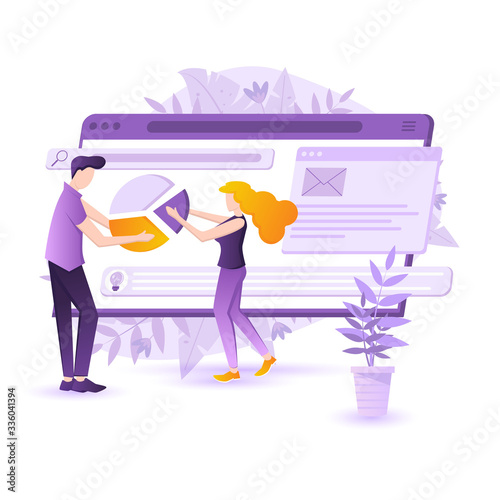 Flat design concept people interactive working analyzing statistics and business charts. Data visualization, intranet CRM PC program. Successful digital business management with devices