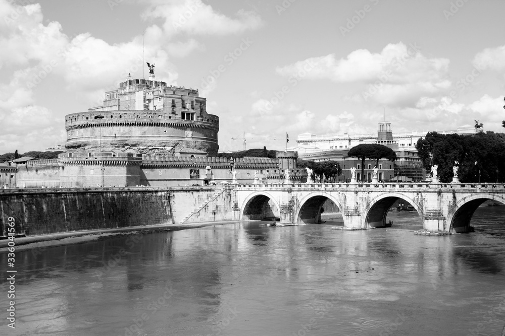 Rome - river Tevere. Black and white retro style.