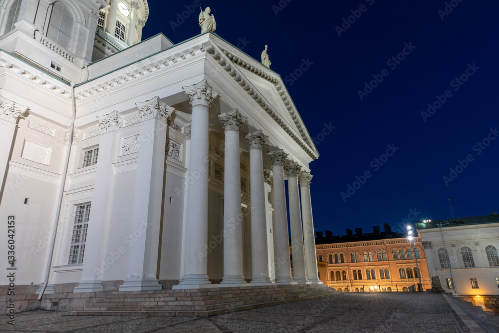 Main entrance of Helsinki Cathedral by night with no people