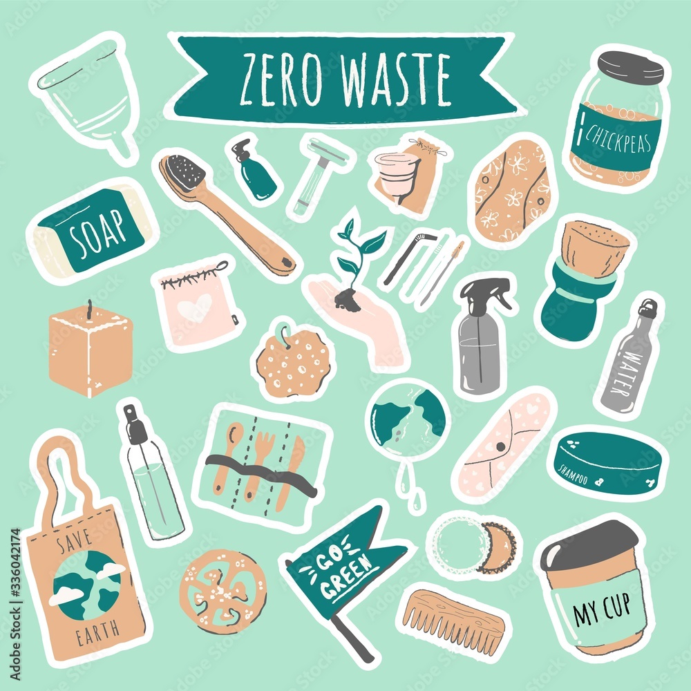 Zero waste lifestyle vector illustration set, No plastic. Eco bag, wooden cutlery, comb, toothbrush, loofah, soap, shampoo, menstrual cup and pad, thermo mug. Nature protection banner, stickers