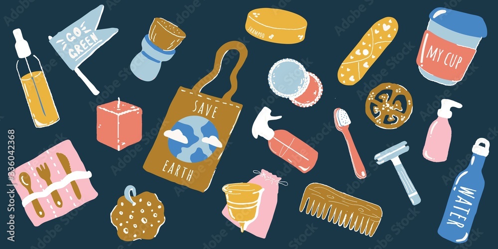 Zero waste lifestyle vector illustration set, No plastic. Eco bag, wooden cutlery, comb, toothbrush, loofah,soap, shampoo, menstrual cup and pad. Nature protection banner with place for text