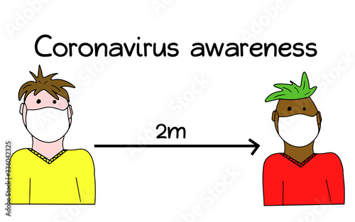 Coronavirus awareness. Keep safe distance betweeen pepole. Quarantine restrictions for prevention infectious disease. Vector illustration in cartoon doodle stye. Design for infographics, instructions.
