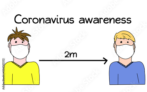 Coronavirus awareness. Keep safe distance betweeen pepole. Quarantine restrictions for prevention infectious disease. Vector illustration in cartoon doodle stye. Design for infographics, instructions.