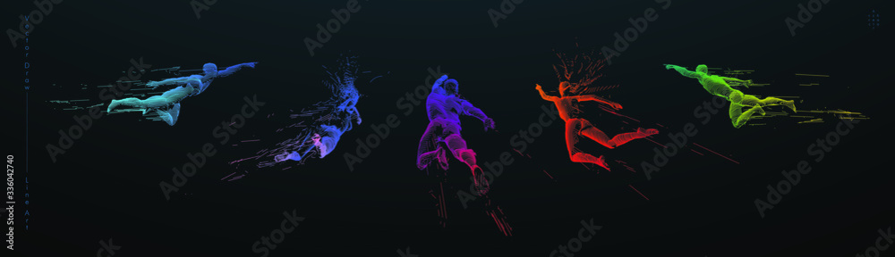 Sport concept of a flying people. Vector drawn by color lines. Sport minimal cover design. Creative line-art set. Man and woman. Run and fly. Vector template.