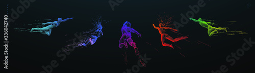 Sport concept of a flying people. Vector drawn by color lines. Sport minimal cover design. Creative line-art set. Man and woman. Run and fly. Vector template.