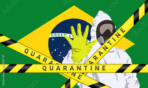 Illustration vector graphic of image man wearing hazmat suits to prevent Coronavirus and diseases on Brazil flag background. Vector of yellow quarantine tape. Concept of covid-19 quarantine.
