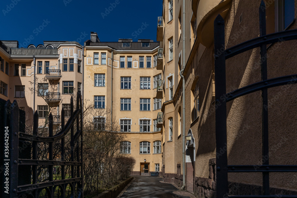 Inner yard of residential building in Helsinki with no people