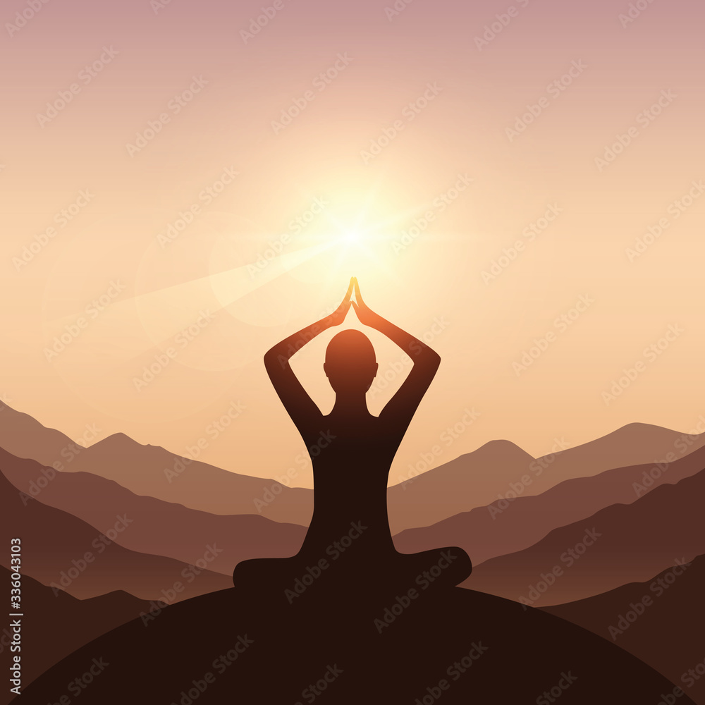 peace of mind meditation concept silhouette with mountain background vector illustration EPS10