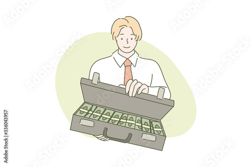 Business deal or proposal, money offe, investment dollar concept. Young businessman, clerk manager, partner, buyer making business deal, bargain or propose money suitcase for investment. Giving payoff