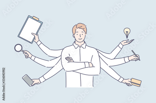 Multitasking, business efficiency, overload, professional competence concept. Young effective overloaded businessman, boy professional clerk competent manager leader with many hands. Multitasking.